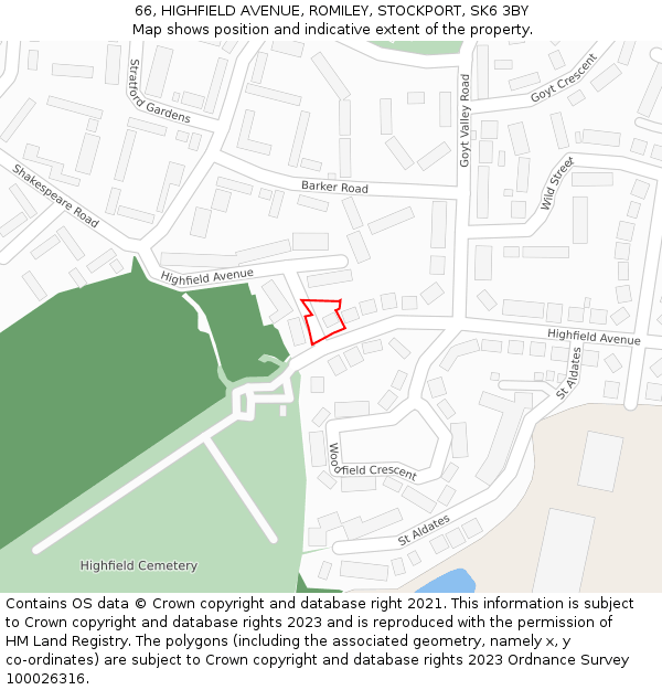66, HIGHFIELD AVENUE, ROMILEY, STOCKPORT, SK6 3BY: Location map and indicative extent of plot