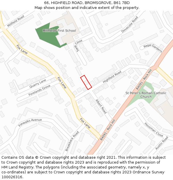 66, HIGHFIELD ROAD, BROMSGROVE, B61 7BD: Location map and indicative extent of plot