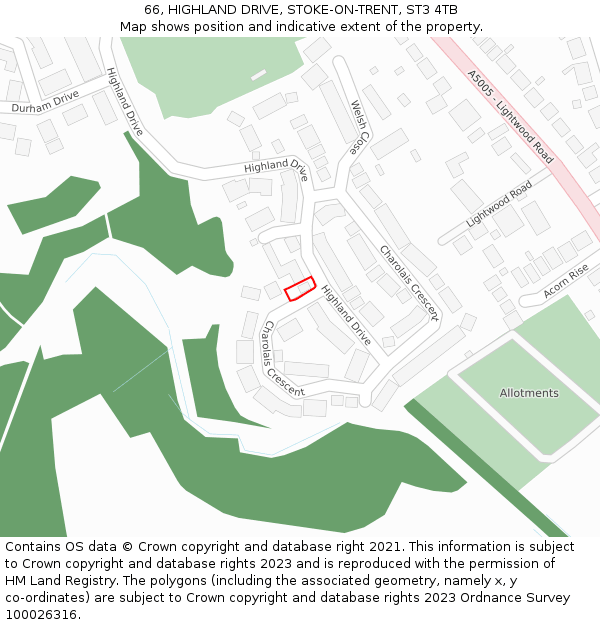 66, HIGHLAND DRIVE, STOKE-ON-TRENT, ST3 4TB: Location map and indicative extent of plot