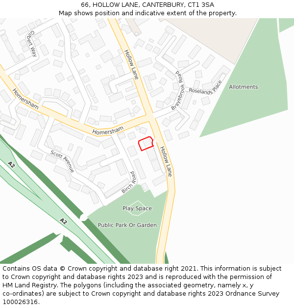 66, HOLLOW LANE, CANTERBURY, CT1 3SA: Location map and indicative extent of plot