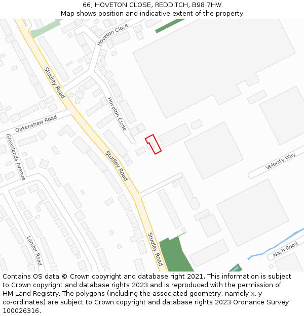 66, HOVETON CLOSE, REDDITCH, B98 7HW: Location map and indicative extent of plot