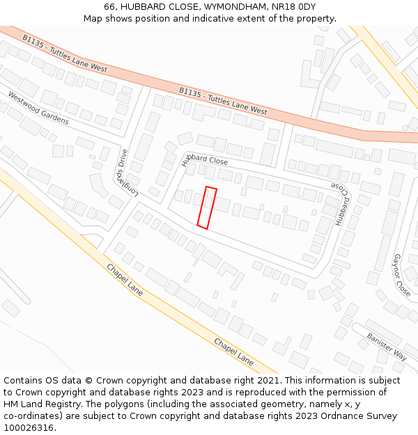 66, HUBBARD CLOSE, WYMONDHAM, NR18 0DY: Location map and indicative extent of plot