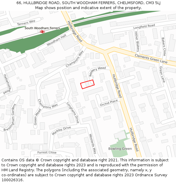 66, HULLBRIDGE ROAD, SOUTH WOODHAM FERRERS, CHELMSFORD, CM3 5LJ: Location map and indicative extent of plot