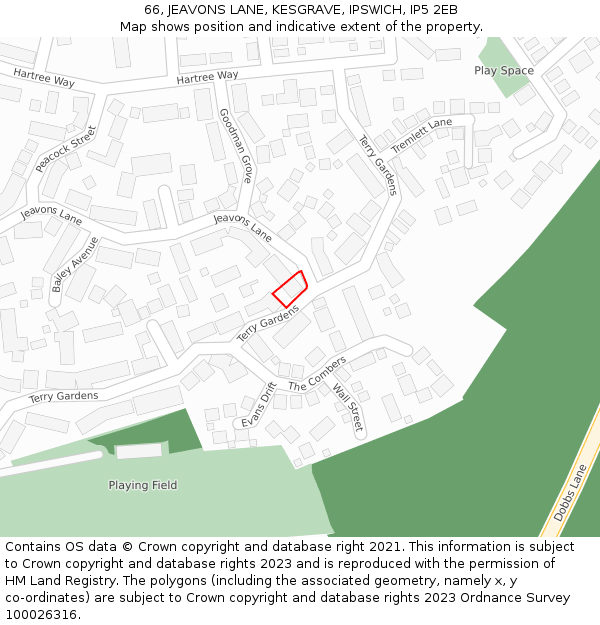 66, JEAVONS LANE, KESGRAVE, IPSWICH, IP5 2EB: Location map and indicative extent of plot