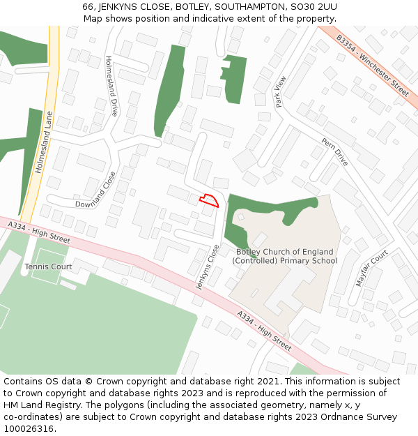 66, JENKYNS CLOSE, BOTLEY, SOUTHAMPTON, SO30 2UU: Location map and indicative extent of plot