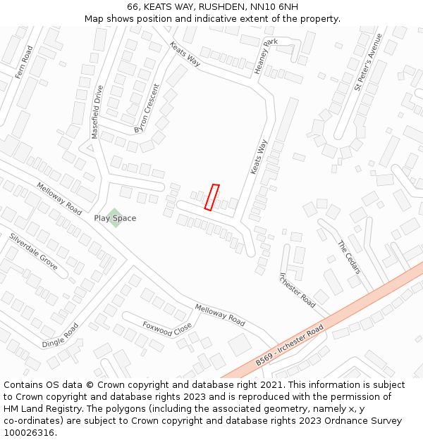 66, KEATS WAY, RUSHDEN, NN10 6NH: Location map and indicative extent of plot