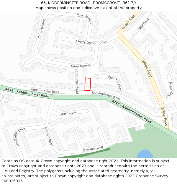 66, KIDDERMINSTER ROAD, BROMSGROVE, B61 7JY: Location map and indicative extent of plot