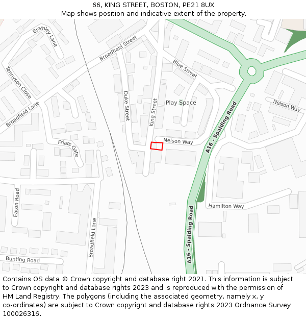 66, KING STREET, BOSTON, PE21 8UX: Location map and indicative extent of plot