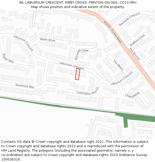 66, LABURNUM CRESCENT, KIRBY CROSS, FRINTON-ON-SEA, CO13 0RH: Location map and indicative extent of plot