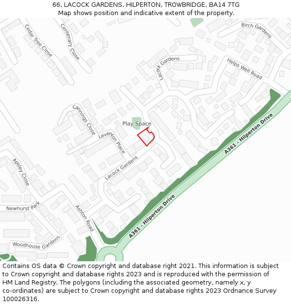 66, LACOCK GARDENS, HILPERTON, TROWBRIDGE, BA14 7TG: Location map and indicative extent of plot