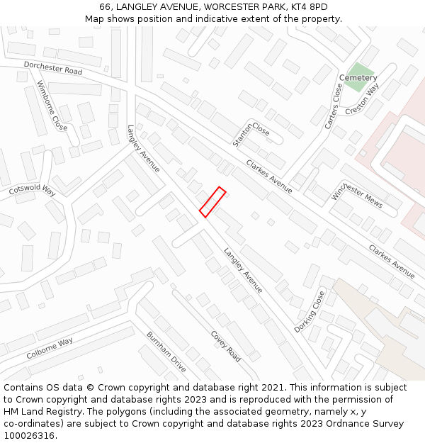 66, LANGLEY AVENUE, WORCESTER PARK, KT4 8PD: Location map and indicative extent of plot