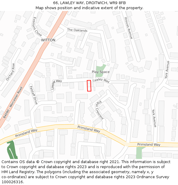 66, LAWLEY WAY, DROITWICH, WR9 8FB: Location map and indicative extent of plot