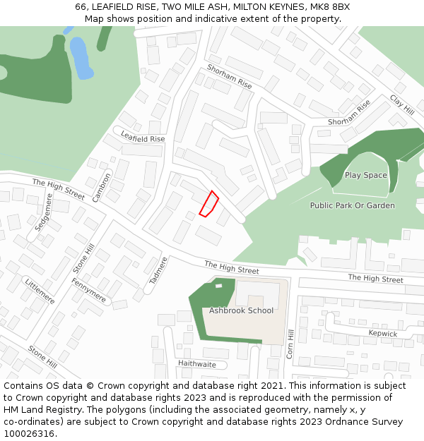 66, LEAFIELD RISE, TWO MILE ASH, MILTON KEYNES, MK8 8BX: Location map and indicative extent of plot