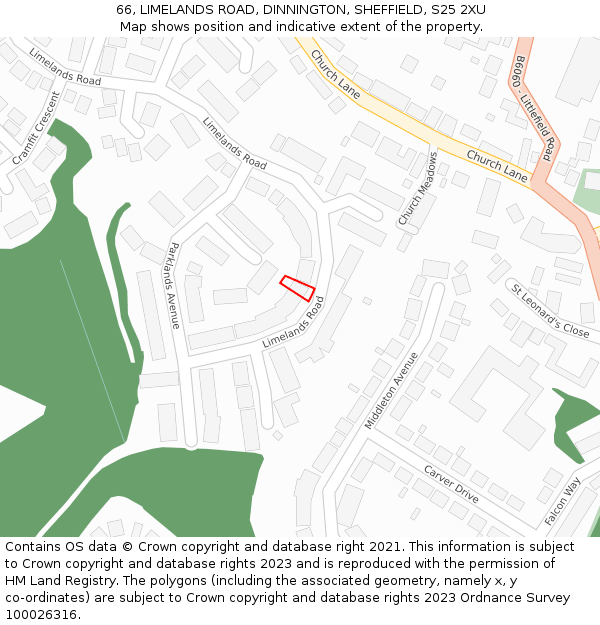 66, LIMELANDS ROAD, DINNINGTON, SHEFFIELD, S25 2XU: Location map and indicative extent of plot