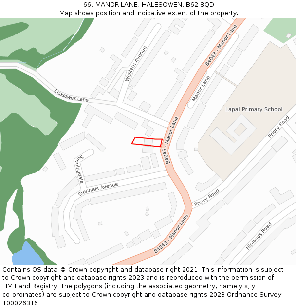 66, MANOR LANE, HALESOWEN, B62 8QD: Location map and indicative extent of plot