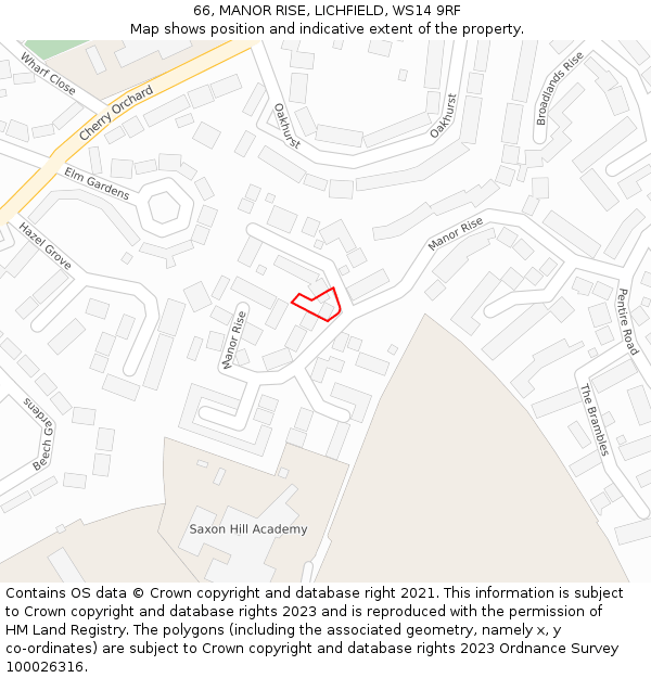 66, MANOR RISE, LICHFIELD, WS14 9RF: Location map and indicative extent of plot