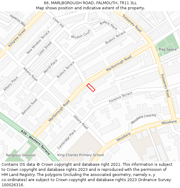 66, MARLBOROUGH ROAD, FALMOUTH, TR11 3LL: Location map and indicative extent of plot