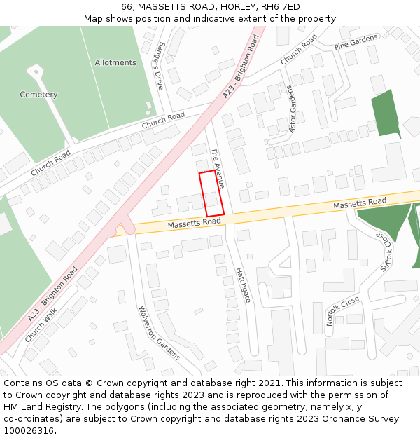 66, MASSETTS ROAD, HORLEY, RH6 7ED: Location map and indicative extent of plot