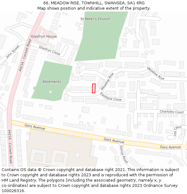 66, MEADOW RISE, TOWNHILL, SWANSEA, SA1 6RG: Location map and indicative extent of plot