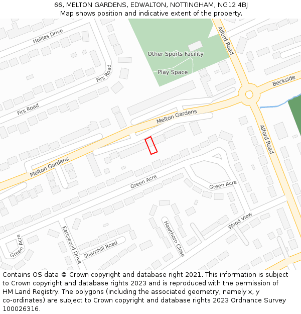 66, MELTON GARDENS, EDWALTON, NOTTINGHAM, NG12 4BJ: Location map and indicative extent of plot