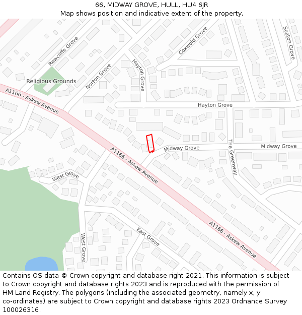 66, MIDWAY GROVE, HULL, HU4 6JR: Location map and indicative extent of plot