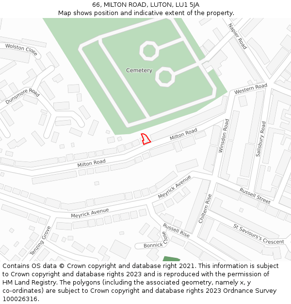 66, MILTON ROAD, LUTON, LU1 5JA: Location map and indicative extent of plot