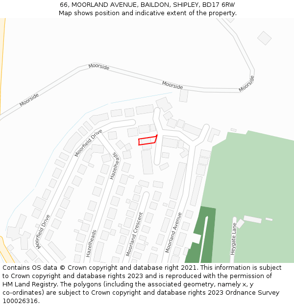 66, MOORLAND AVENUE, BAILDON, SHIPLEY, BD17 6RW: Location map and indicative extent of plot