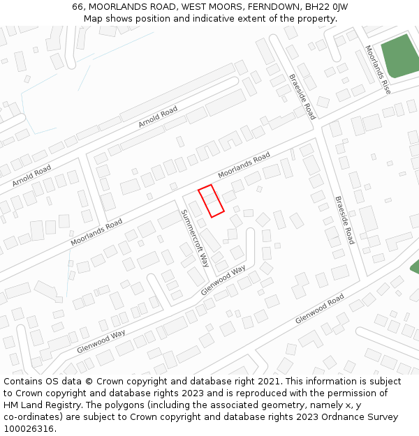 66, MOORLANDS ROAD, WEST MOORS, FERNDOWN, BH22 0JW: Location map and indicative extent of plot
