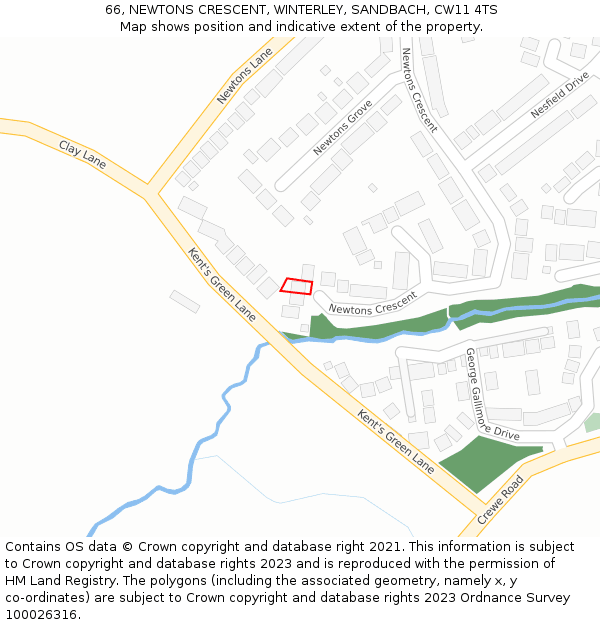 66, NEWTONS CRESCENT, WINTERLEY, SANDBACH, CW11 4TS: Location map and indicative extent of plot