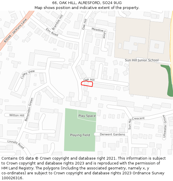 66, OAK HILL, ALRESFORD, SO24 9UG: Location map and indicative extent of plot