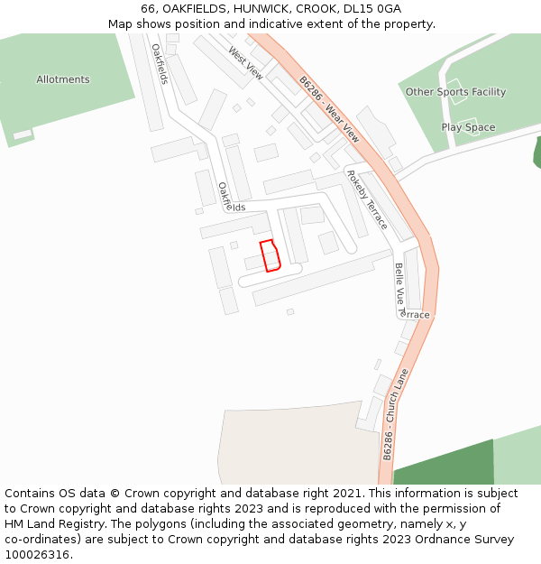 66, OAKFIELDS, HUNWICK, CROOK, DL15 0GA: Location map and indicative extent of plot