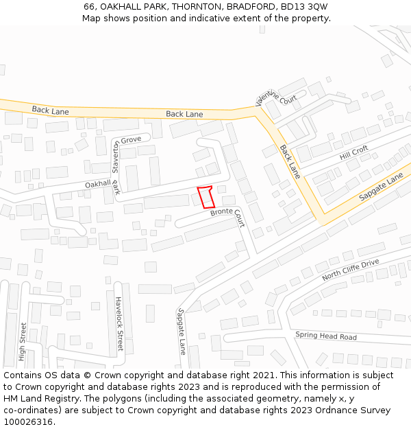 66, OAKHALL PARK, THORNTON, BRADFORD, BD13 3QW: Location map and indicative extent of plot