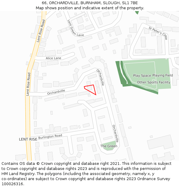 66, ORCHARDVILLE, BURNHAM, SLOUGH, SL1 7BE: Location map and indicative extent of plot