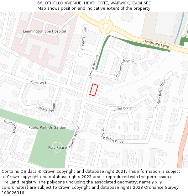 66, OTHELLO AVENUE, HEATHCOTE, WARWICK, CV34 6ED: Location map and indicative extent of plot