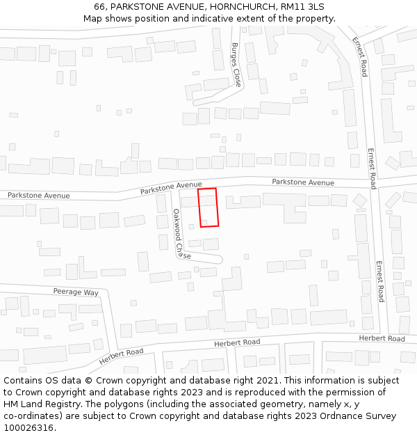 66, PARKSTONE AVENUE, HORNCHURCH, RM11 3LS: Location map and indicative extent of plot