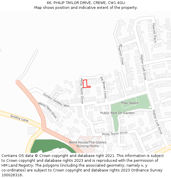 66, PHILIP TAYLOR DRIVE, CREWE, CW1 4GU: Location map and indicative extent of plot