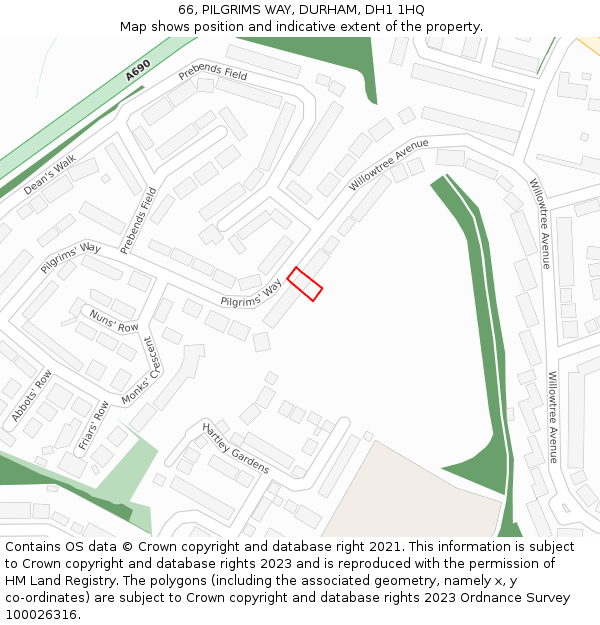 66, PILGRIMS WAY, DURHAM, DH1 1HQ: Location map and indicative extent of plot