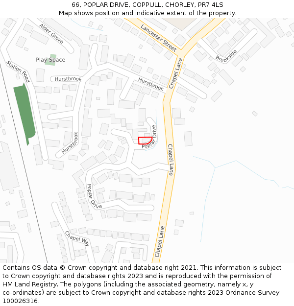 66, POPLAR DRIVE, COPPULL, CHORLEY, PR7 4LS: Location map and indicative extent of plot