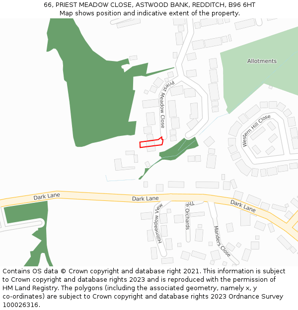 66, PRIEST MEADOW CLOSE, ASTWOOD BANK, REDDITCH, B96 6HT: Location map and indicative extent of plot