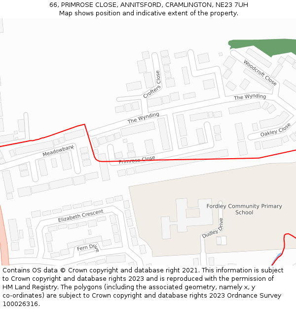 66, PRIMROSE CLOSE, ANNITSFORD, CRAMLINGTON, NE23 7UH: Location map and indicative extent of plot