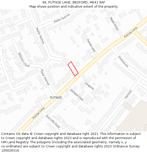 66, PUTNOE LANE, BEDFORD, MK41 9AF: Location map and indicative extent of plot