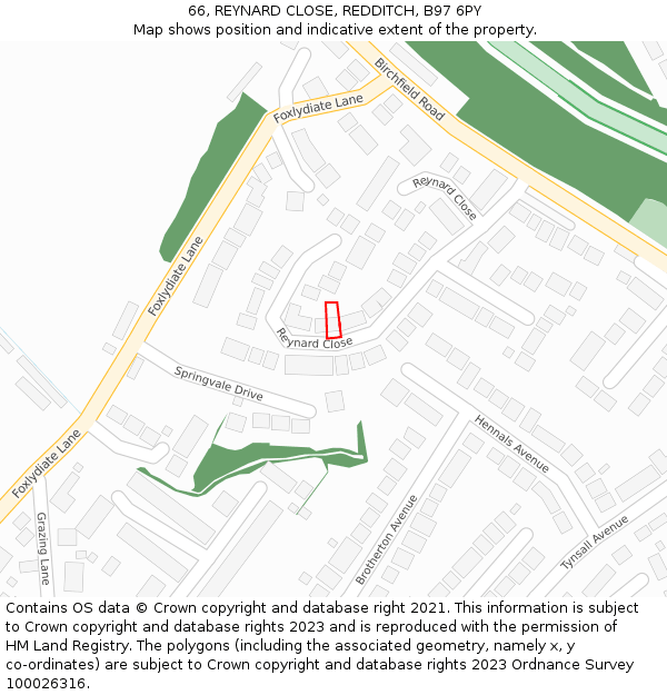 66, REYNARD CLOSE, REDDITCH, B97 6PY: Location map and indicative extent of plot