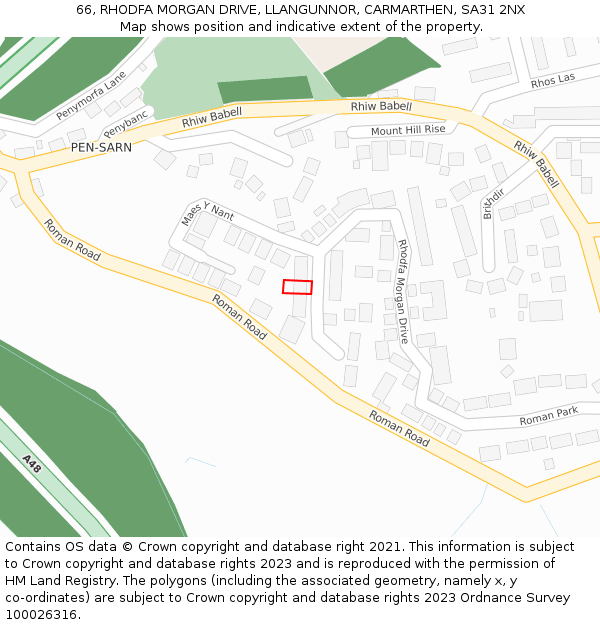 66, RHODFA MORGAN DRIVE, LLANGUNNOR, CARMARTHEN, SA31 2NX: Location map and indicative extent of plot