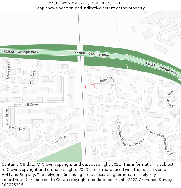 66, ROWAN AVENUE, BEVERLEY, HU17 9UN: Location map and indicative extent of plot