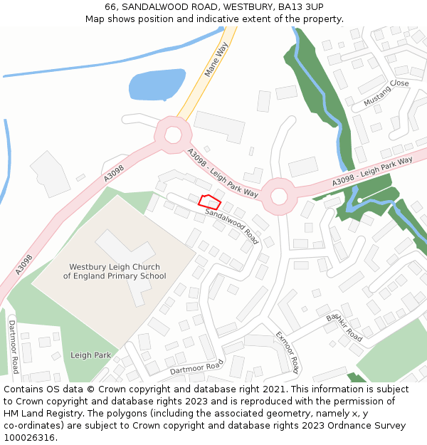 66, SANDALWOOD ROAD, WESTBURY, BA13 3UP: Location map and indicative extent of plot