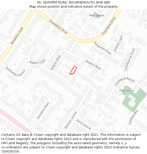 66, SEAGRIM ROAD, BOURNEMOUTH, BH8 0BD: Location map and indicative extent of plot