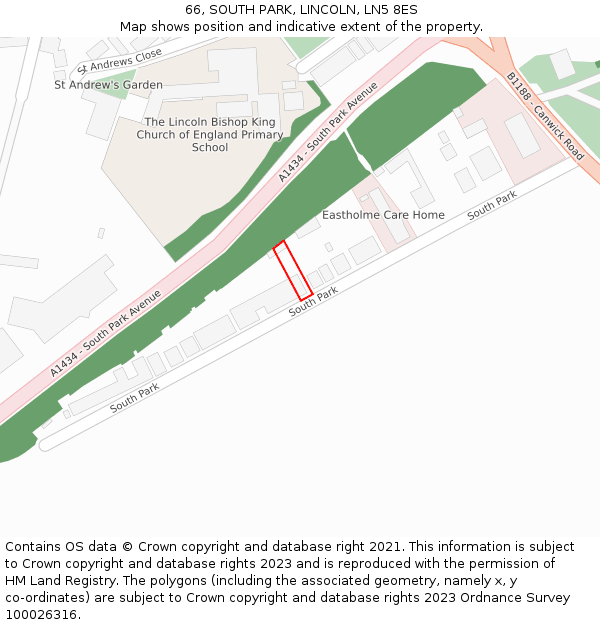 66, SOUTH PARK, LINCOLN, LN5 8ES: Location map and indicative extent of plot