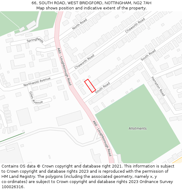 66, SOUTH ROAD, WEST BRIDGFORD, NOTTINGHAM, NG2 7AH: Location map and indicative extent of plot