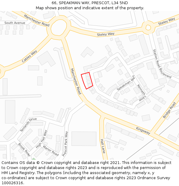 66, SPEAKMAN WAY, PRESCOT, L34 5ND: Location map and indicative extent of plot