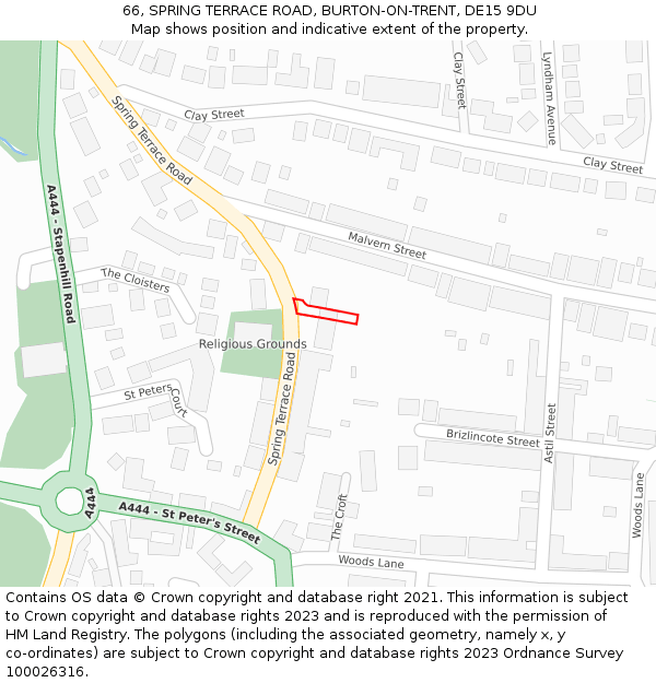 66, SPRING TERRACE ROAD, BURTON-ON-TRENT, DE15 9DU: Location map and indicative extent of plot
